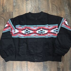 Womens Black Zip Front Jacket with Red & Turquoise Aztec Stripe